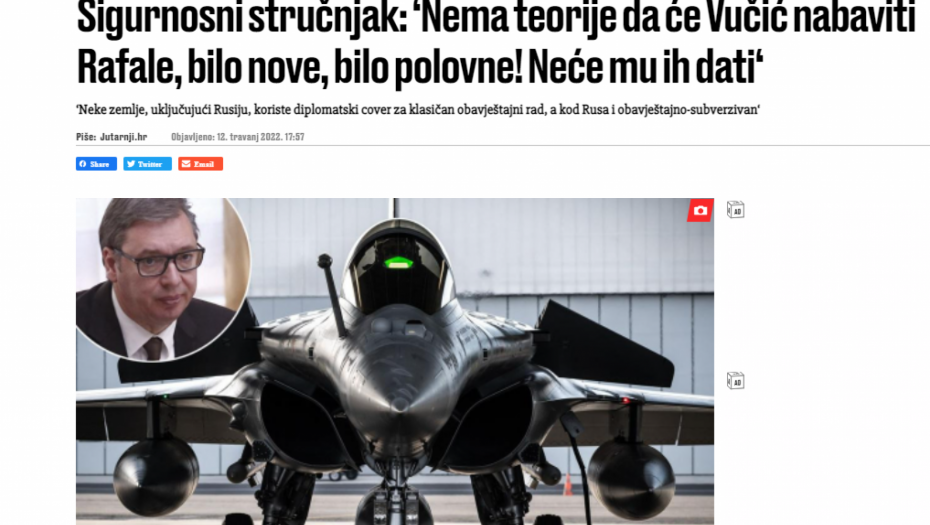 HRVATI ČINE SVE DA SPREČE NAŠU NABAVKU "RAFALA" Ante Letica: Neće ih dati Vučiću!