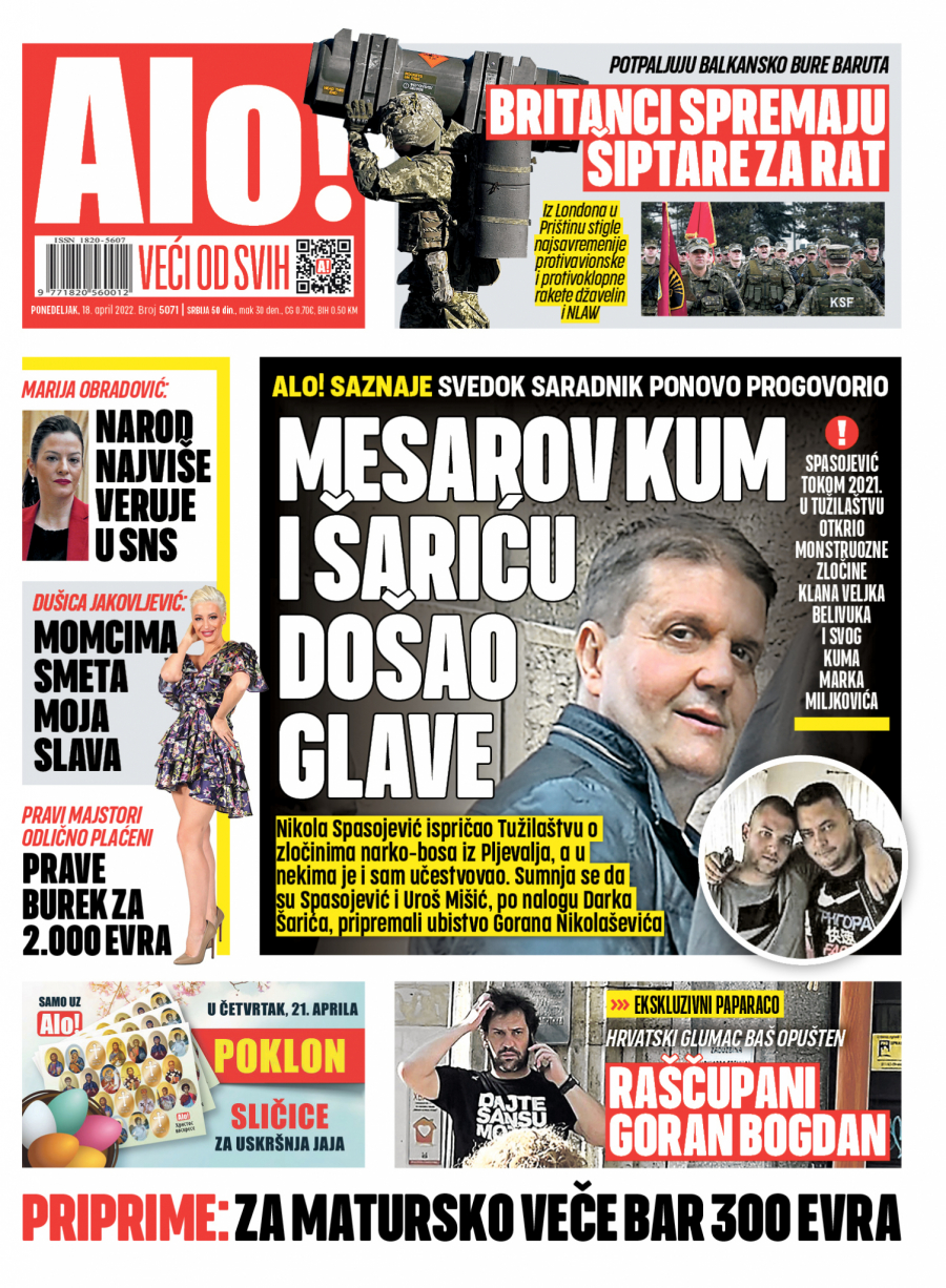 ALO! SAZNAJE SVEDOK SARADNIK PONOVO PROGOVORIO Mesarov kum i Šariću došao glave