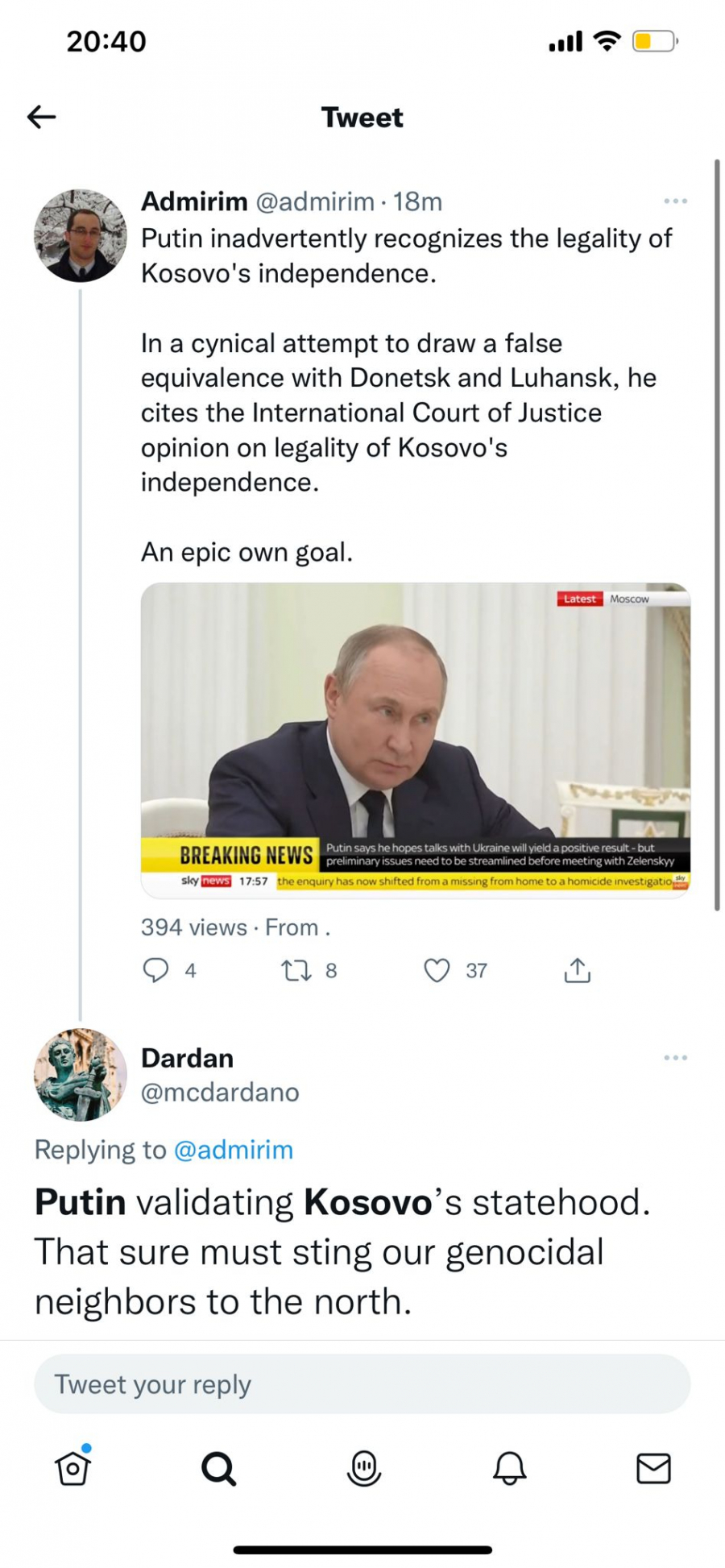 PRIŠTINSKI TVITERAŠI PORUČUJU Putin je praktično priznao legalnost kosovske nezavisnosti