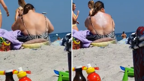 KAKVA CARICA! Žena na plaži u Grčkoj smislila genijalan način kako da sama sebi namaže leđa i sada joj svi moleri zavide (VIDEO)