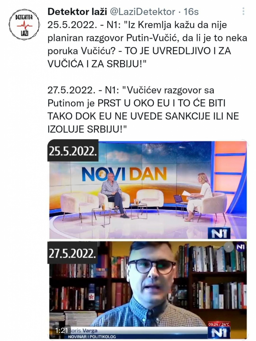 DUPLI STANDARDI NA N1 Ne valja kad Vučić ne priča sa Putinom, a kada priča to je prst u oko EU (VIDEO)