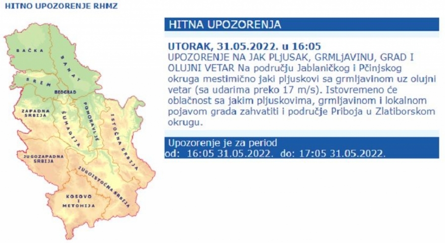 RHMZ UPALIO METOALARM Stiže jako nevreme u ove delove Srbije (FOTO)