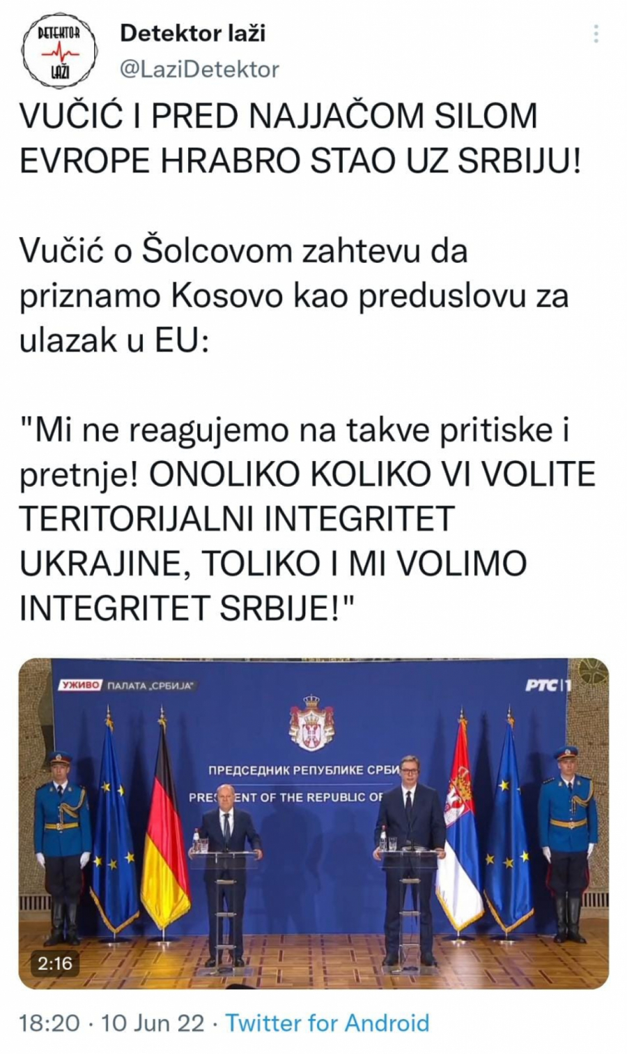 VUČIĆ I PRED NAJJAČOM SILOM EVROPE HRABRO STAO UZ SVOJU ZEMLJU Predsednik pokazao kako se brani Srbija i poručio Šolcu: Ne reagujemo na pritiske i pretnje