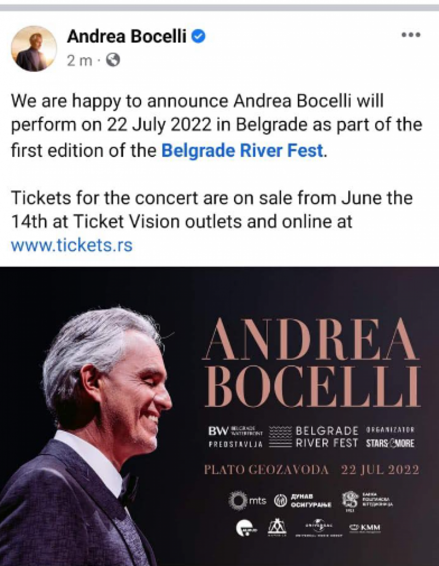 ANDREA BOČELI ODRŽAVA KONCERT U BEOGRADU Italijanski tenor nastupiće u prestonici, a evo kada se spektakl održava (FOTO)
