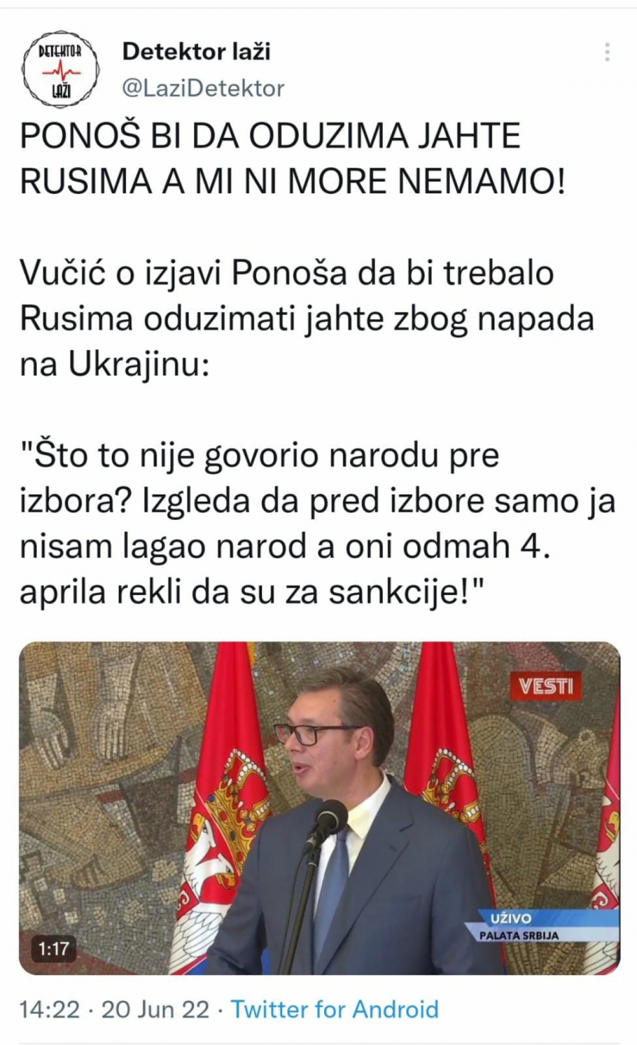 VUČIĆ O IDEJI ZDRAVKA PONOŠA Možda da zaratimo sa svima, zauzmemo neka mora pa onda da zaplenjujemo jahte (VIDEO)