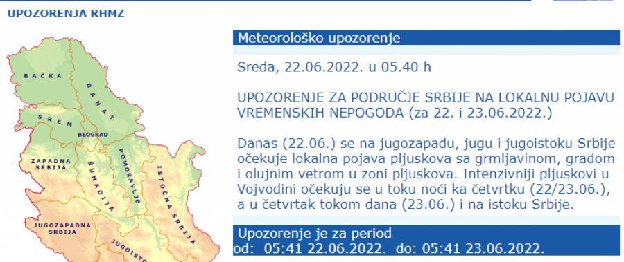 VREMENSKA PROGNOZA ZA SREDU 22. JUN Izdato upozorenje na vremenske nepogode!