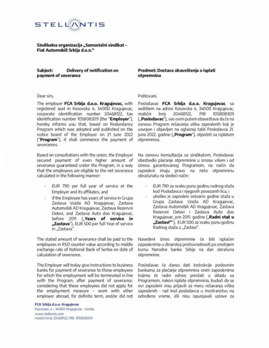 SVE KAO ŠTO JE DOGOVORENO SA PREDSEDNIKOM VUČIĆEM: Fijat pustio nalog za uplatu otpremnina radnicima