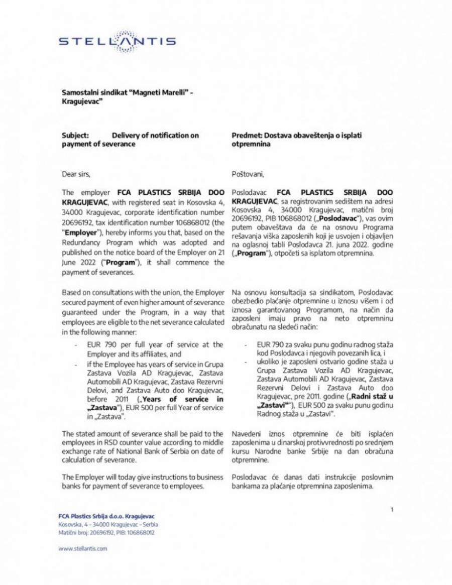 SVE KAO ŠTO JE DOGOVORENO SA PREDSEDNIKOM VUČIĆEM: Fijat pustio nalog za uplatu otpremnina radnicima