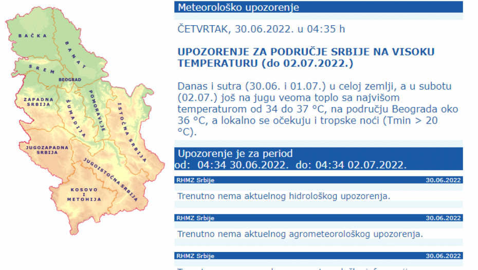 VREMENSKA PROGNOZA ZA ČETVRTAK, 30. JUN: RHMZ izdao upozorenje, danas paklene vrućine!