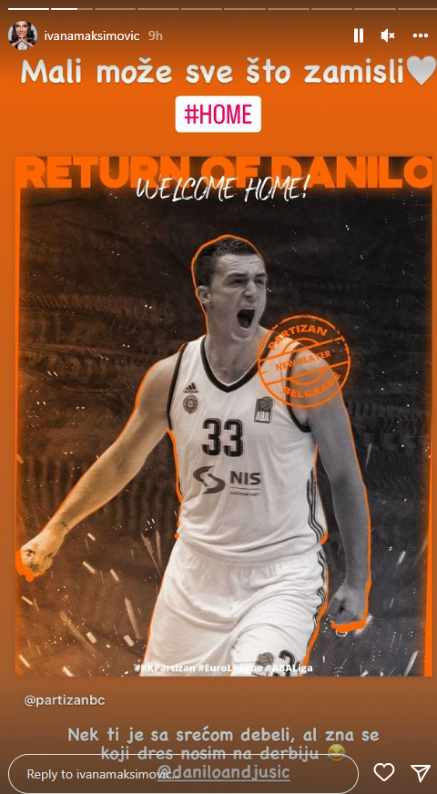 ANĐUŠIĆ DOBIO NEVIĐENU PORUKU OD ŽENE Potpisao je za Partizan, ali mu supruga navija za Zvezdu (FOTO)