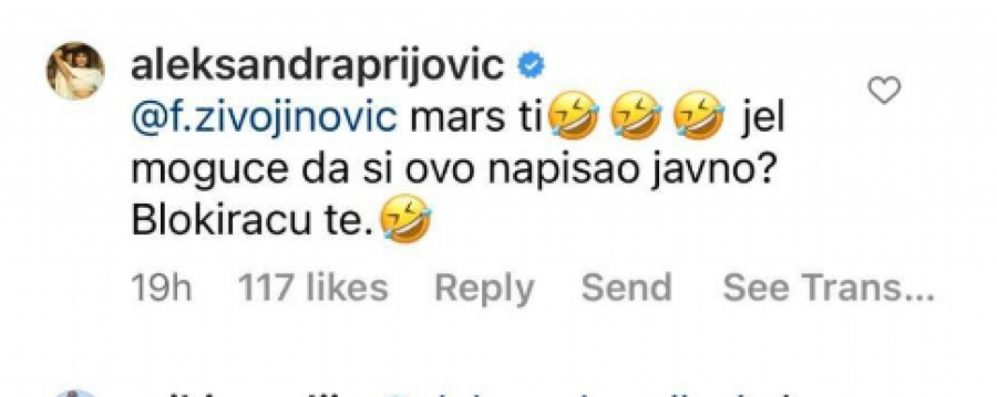 DA LI JE MOGUĆE DA SI OVO NAPISAO JAVNO? Filip Živojinović razbesneo Aleksandru Prijović kada joj je ostavio komentar ispod njene fotografije, mreže se usijale (FOTO)