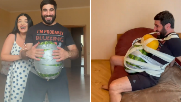 ZALEPILA JE MUŽU LUBENICU ZA STOMAK I DVE DINJE DA IMITIRAJU GRUDI Želela je suprugu da približi kroz šta žena prolazi dok je trudna (VIDEO)