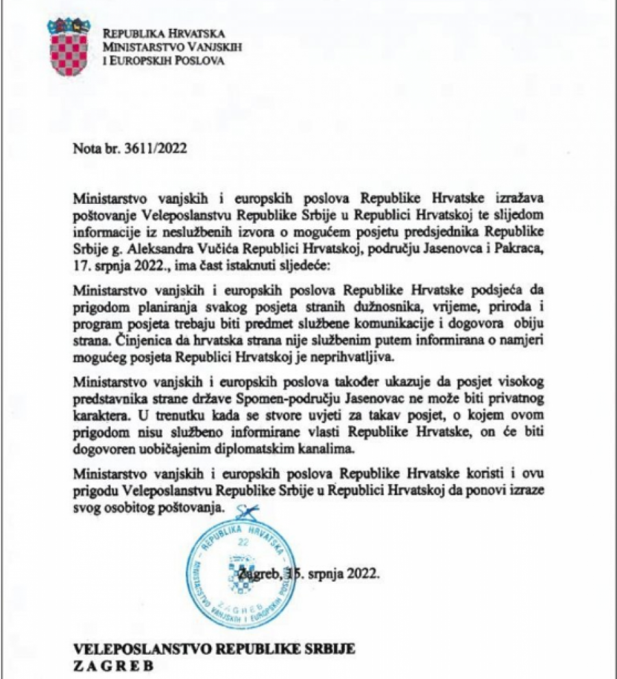 POGLEDAJTE SRAMNU NOTU MSP HRVATSKE Evo šta stoji u zvaničnom dokumentu kojim se Vučiću zabranjuje poseta Jasenovcu!