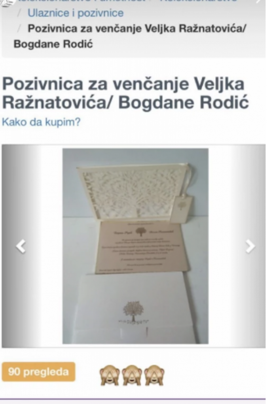 CENA JE PRAVA SITNICA Prodaje se pozivnica sa svadbe Veljka Ražnatovića i Bogdane Rodić, oglas napravio opštu pometnju (FOTO)