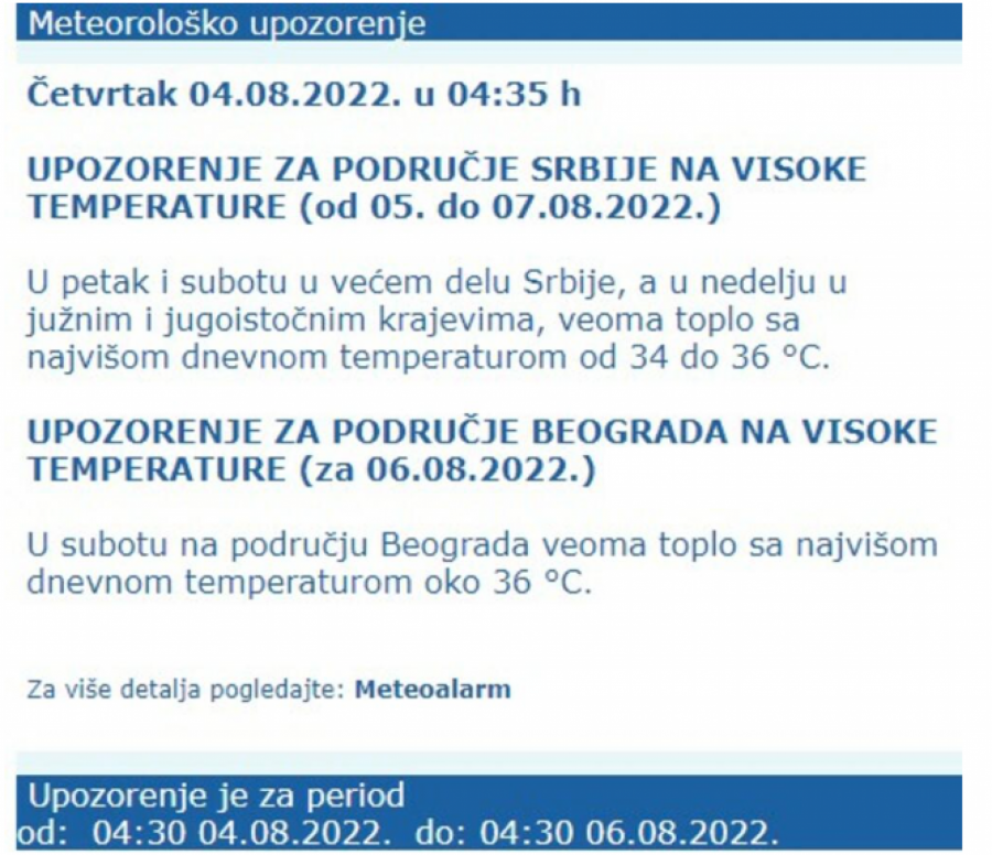 UPALJEN METEOALARM! RHMZ IZDAO DVA UPOZORENJA Jedno se odnosi samo na Beograd, pred nama su paklene vrućine
