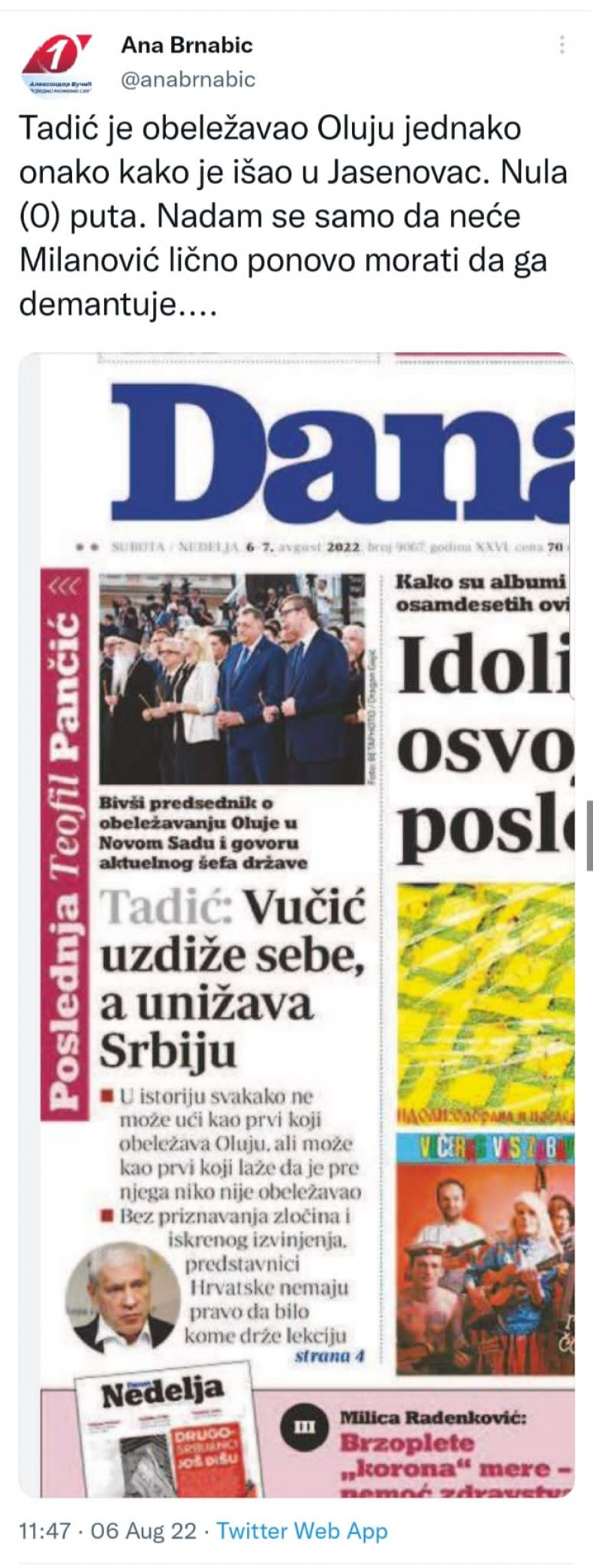 BRNABIĆ Oluja se u Tadićevo vreme obeležavala isto onako kao što je bio u Jasenovcu - nula puta!