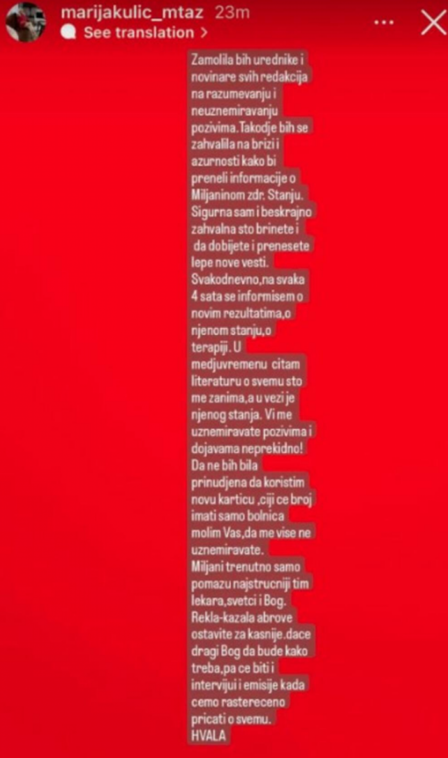 MARIJA KULIĆ OBJAVILA PRVO SAOPŠTENJE: Miljani trenutno samo pomažu najstručniji tim lekara, sveci i Bog