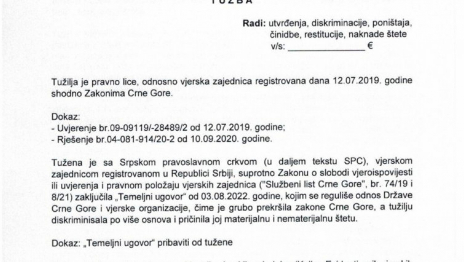 FILIJALA RASPOPA MIRAŠA TUŽILA CRNU GORU Traže poništenje Temeljnog ugovora sa SPC
