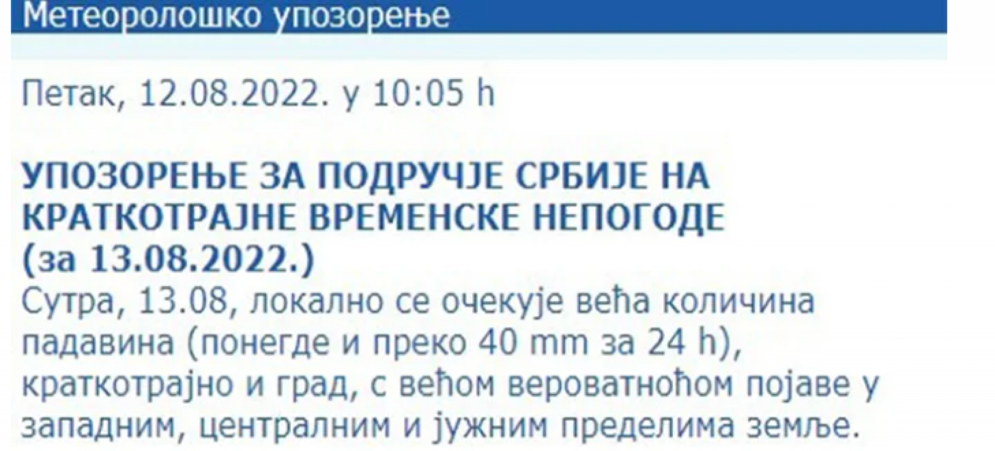 RHMZ IZDAO UPOZORENJE NA VELIKU KOLIČINU PADAVINA! Za vikend pljuskovi i grmljavina u ovim delovima Srbije