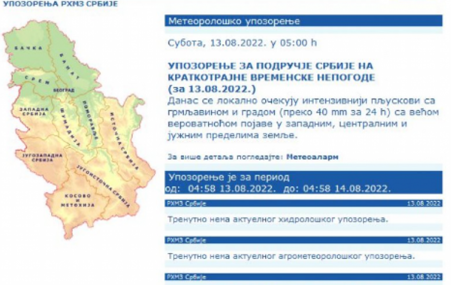 UPOZORENJE RHMZ! Za sat vremena stižu pljuskovi sa grmljavinom u ove delove Srbije