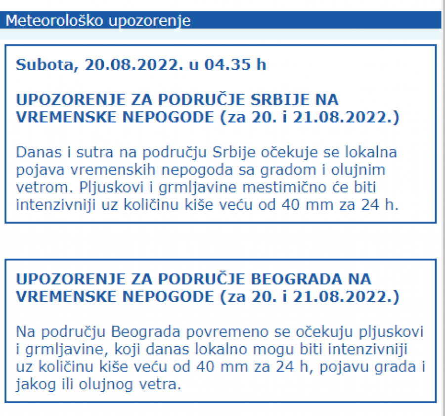 RHMZ IZDAO HITNO UPOZORENJE Strašno nevreme u ovim delovima Srbije, pljuskovi, grmljavina i grad!