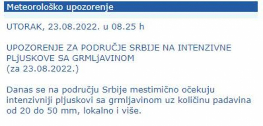 RHMZ IZDAO HITNO UPOZORENJE Upaljen meteo alarm, kritično u ovim delovima Srbije!