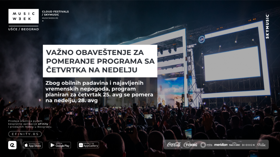 VAŽNO: Pomeren prvi dan Belgrade Music Week-a sa četvrtka, 25. na nedelju 28. avgust!