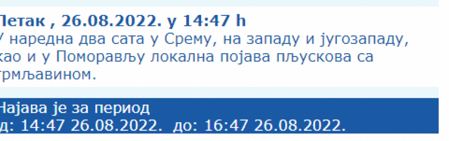 NOVO RHMZ UPOZORENJE NA PLJUSKOVE I GRMLJAVINU U narednim satima jaka kiša pogodiće ove delove Srbije