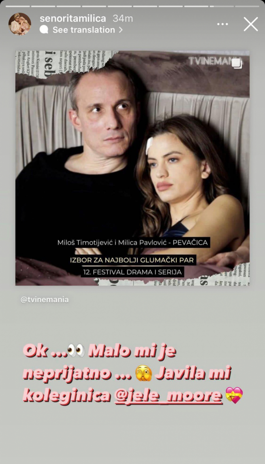 KAKVA ČAST! Milica Pavlović i Miloš Timotijević nominovani za najbolji glumački par, pevačica ostala bez reči, odmah se oglasila (FOTO)