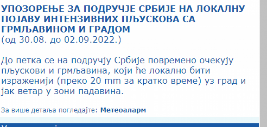 DO PETKA PLJUSKOVI I GRAD Nema lepih najava iz RHMZ