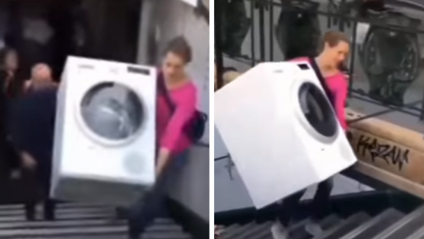 LAGANO UZ STEPENICE SA MAŠINOM ZA VEŠ U RUKAMA Pogledajte kako super žena uz osmeh nosi ovaj glomazan teret (VIDEO)