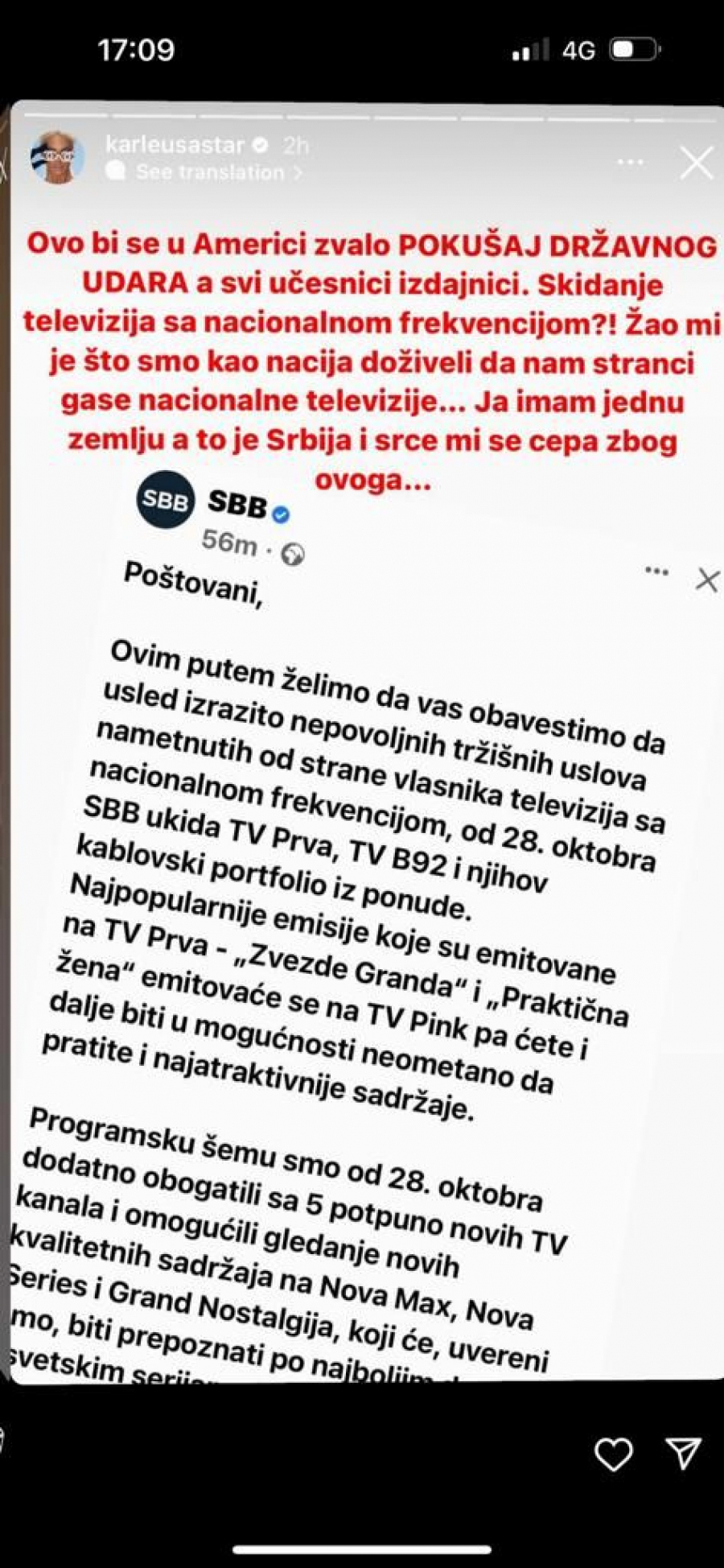 KARLEUŠA RASTURILA ŠOLAKA Doživeli smo da nam stranci gase televizije, ovo bi u Americi bio pokušaj državnog udara!
