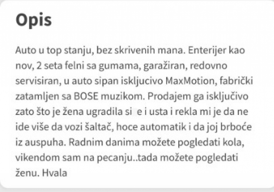 O OVOM OGLASU PRIČA CELA SRBIJA Prodaje polovan auto, a vikendom možete pogledati ženu! (FOTO)