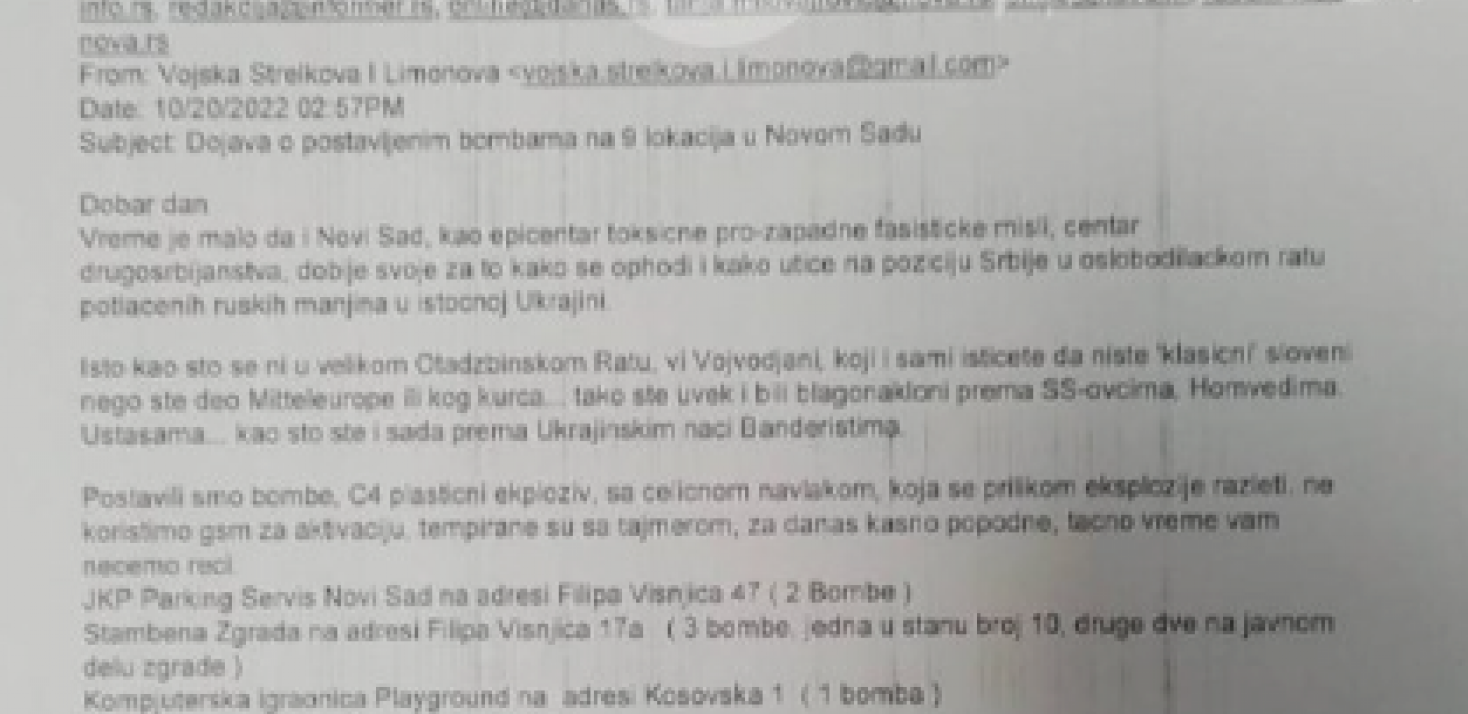 TERORISTI PRETE NOVOM SADU, TAKTIČKI IZABRANE LOKACIJE? Evo kako izgleda jezivi mejl (FOTO)