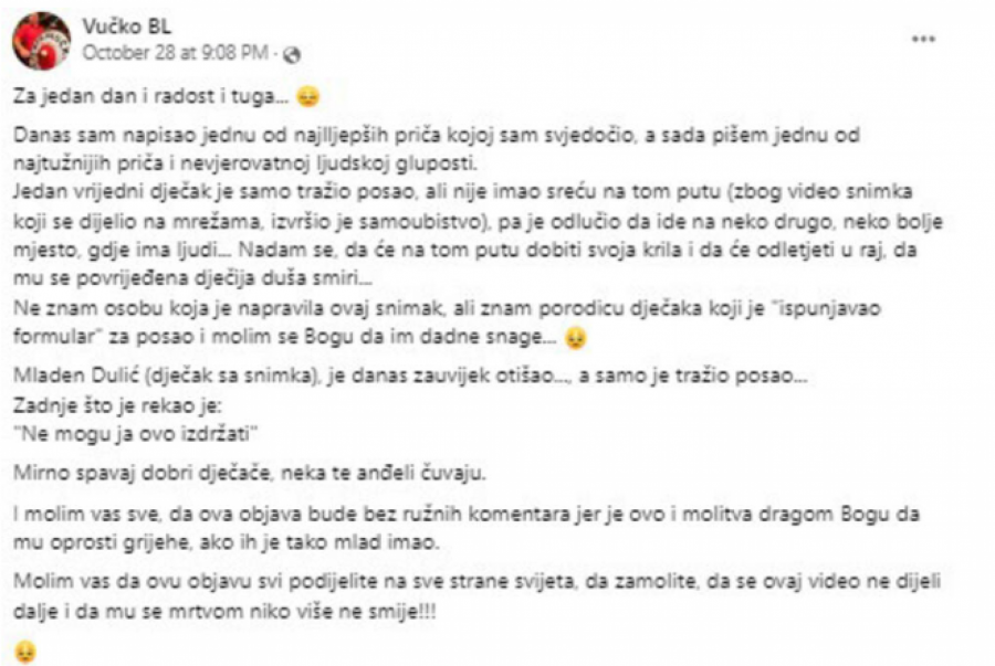 ZAKASNILI SMO DA BUDEMO LJUDI Emotivna ispovest o smrti mladića iz Laktaša rasplakala region