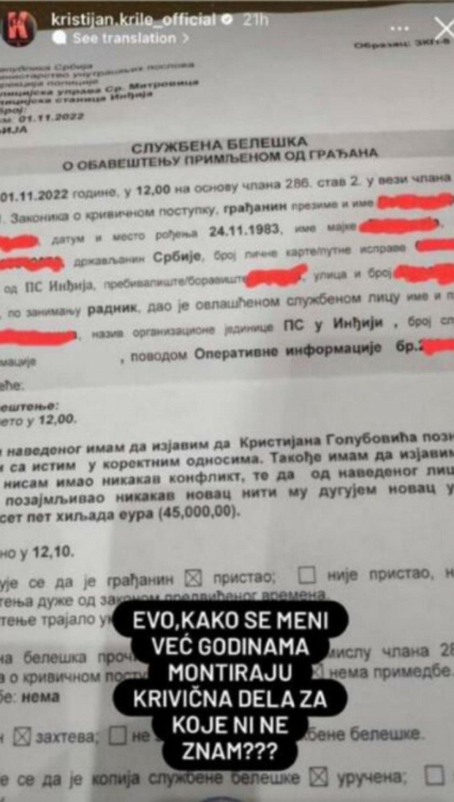 KRISTIJAN PONOVO IMA PROBLEMA SA ZAKONOM Stiglo mu obaveštenje da duguje ogroman novac, tvrdi da mu nameštaju, skandal