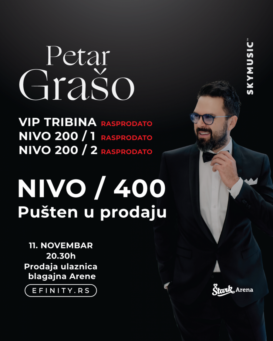 RASPRODAT KONCERT PETRA GRAŠA U ŠTARK ARENI! Pušten u prodaju i nivo 400, saopštili organizatori