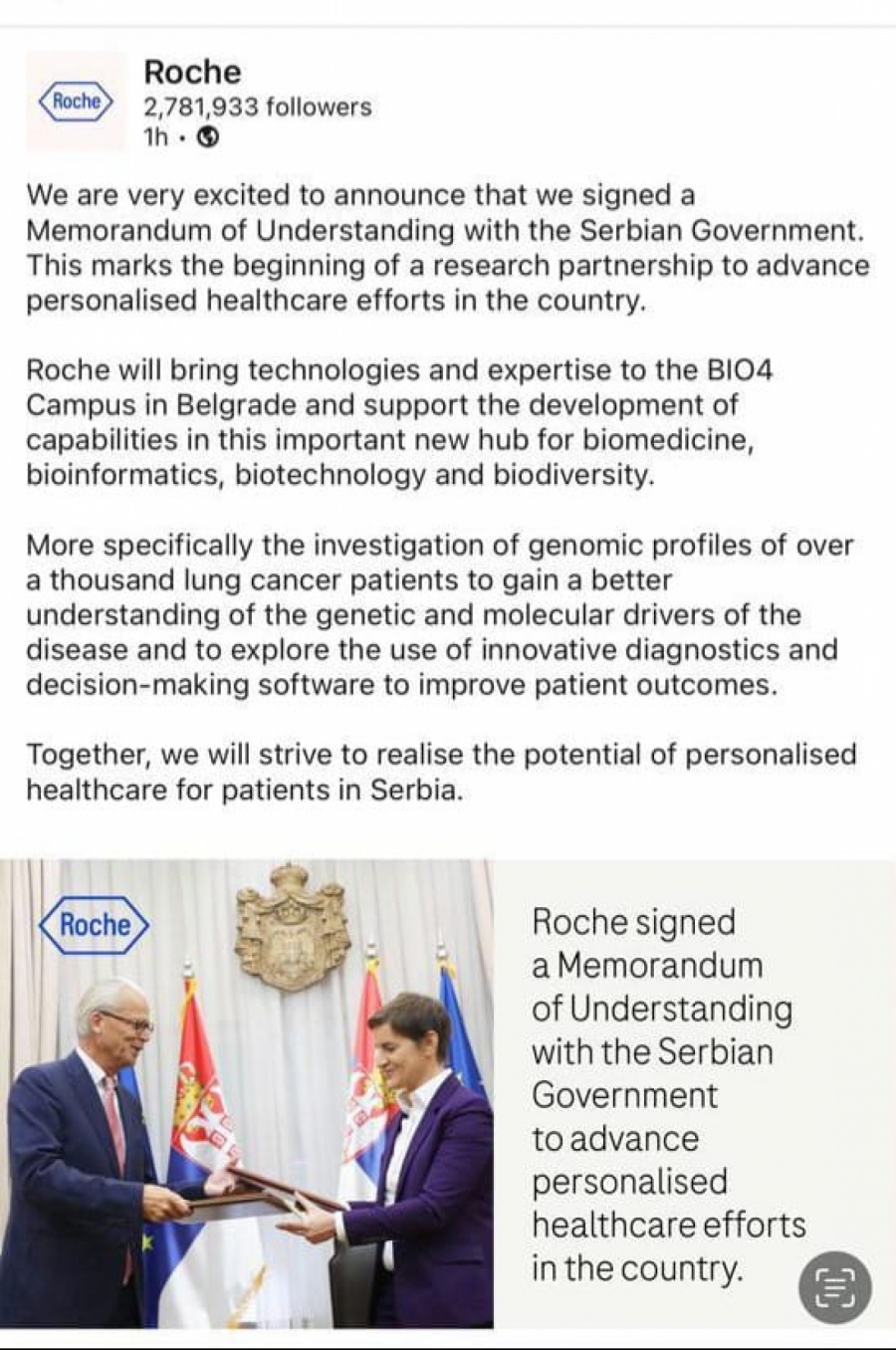 ZA BOLJU ZDRAVSTVENU ZAŠTITU NAŠIH GRAĐANA Farmaceutska kompanija Roš se pohvalila potpisivanjem Memoranduma o razumevanju o naučno-istraživačkoj saradnji sa Srbijom