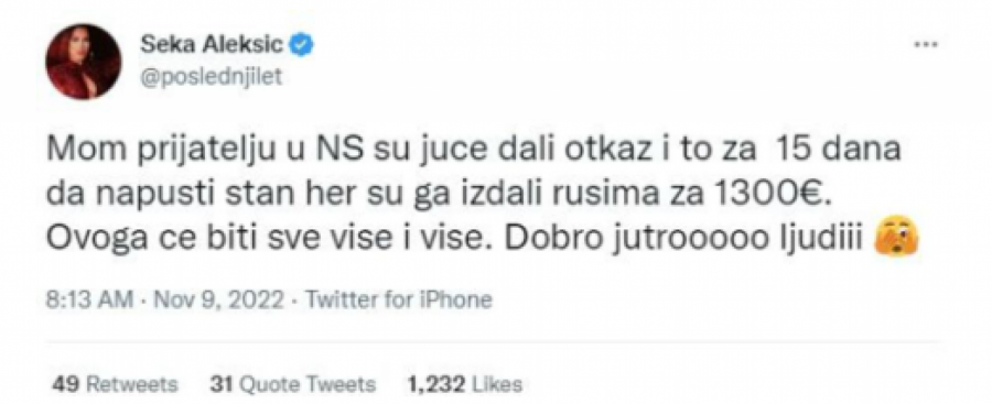 ŠOKIRALA JAVNOST Seka Aleksić se požalila svojim pratiocima: Prijatelj mi je izbačen iz stana... (FOTO)