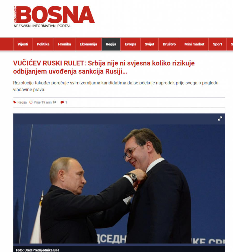 PROMUSLIMANSKA SLOBODNA BOSNA NAPALA VUČIĆA Neuvođenjem sankcija igraš ruski rulet