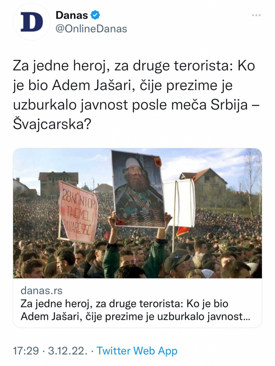 SRPSKA OPOZICIJA PORUČUJE KROZ SVOJE NOVINE: Adem Jašari je i heroj, a ne samo terorista! (FOTO)