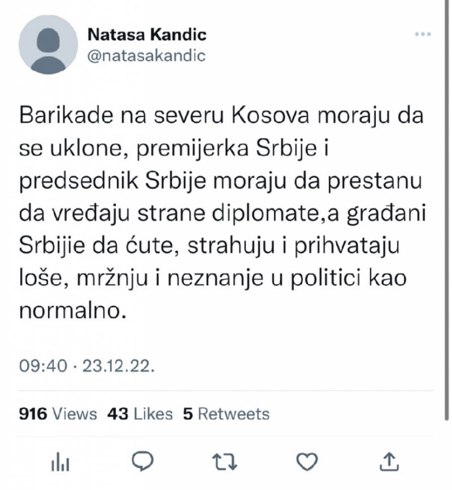 NATAŠA KANDIĆ NA STRANI KURTIJEVE BANDE: Vučić i Brnabić moraju snishodljivo da se ponašaju prema stranim ambasadorima!