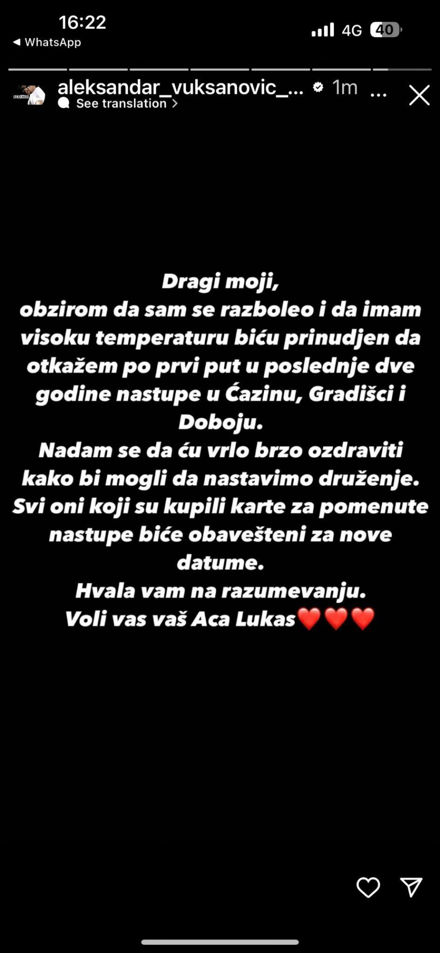 PRVI PUT U POSLEDNJE DVE GODINE Lukas otkazao nastupe, oglasio se, pa poslao svima snažnu poruku (FOTO)