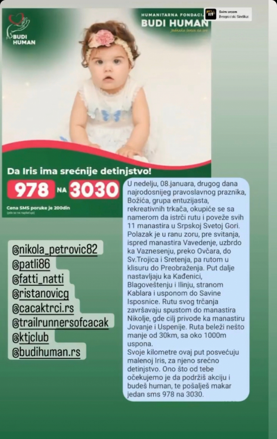 DA IRIS IMA SREĆNIJE DETINJSTVO Grupa entuzijasta trkom povezuje 11 srpskih manastira, evo kako ti možeš da pomogneš