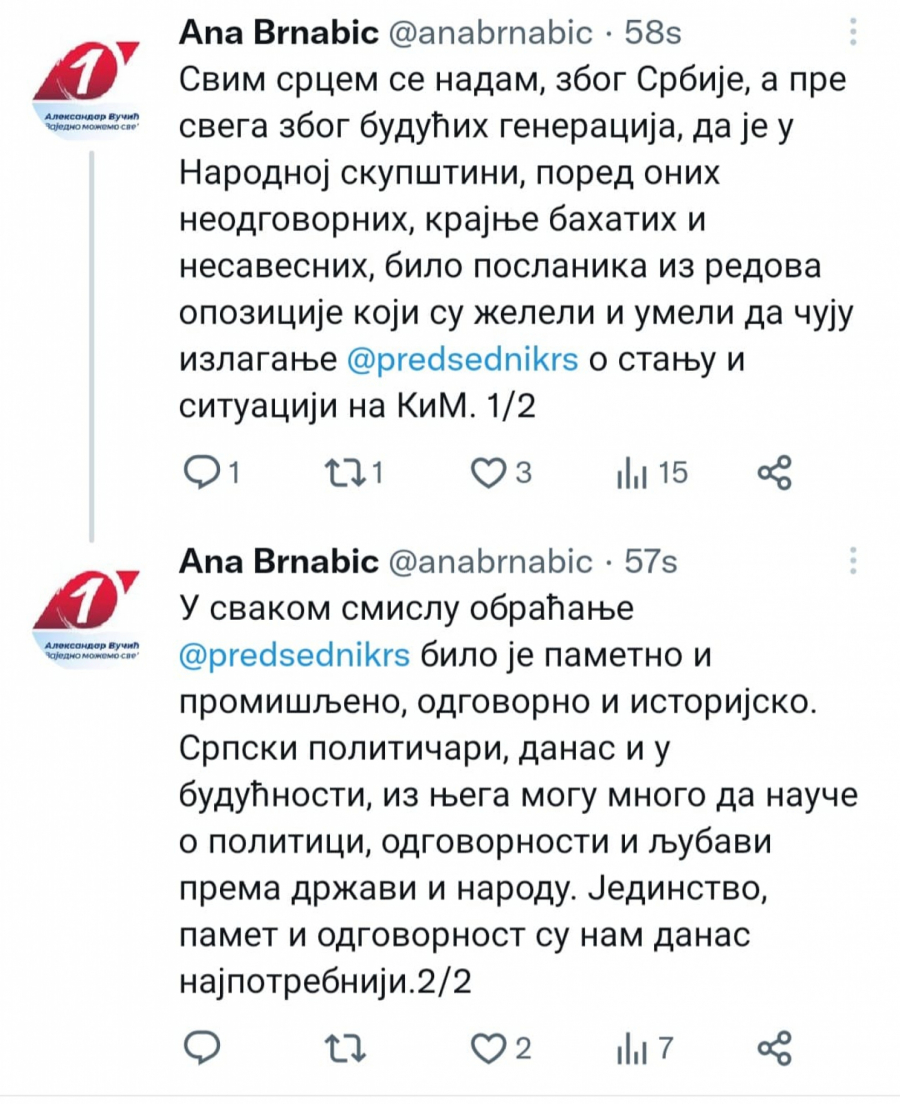 ISTORIJSKO OBRAĆANJE Brnabić: Nadam se da je bilo poslanika iz redova opozicije koji su umeli da čuju izlaganje predsednika