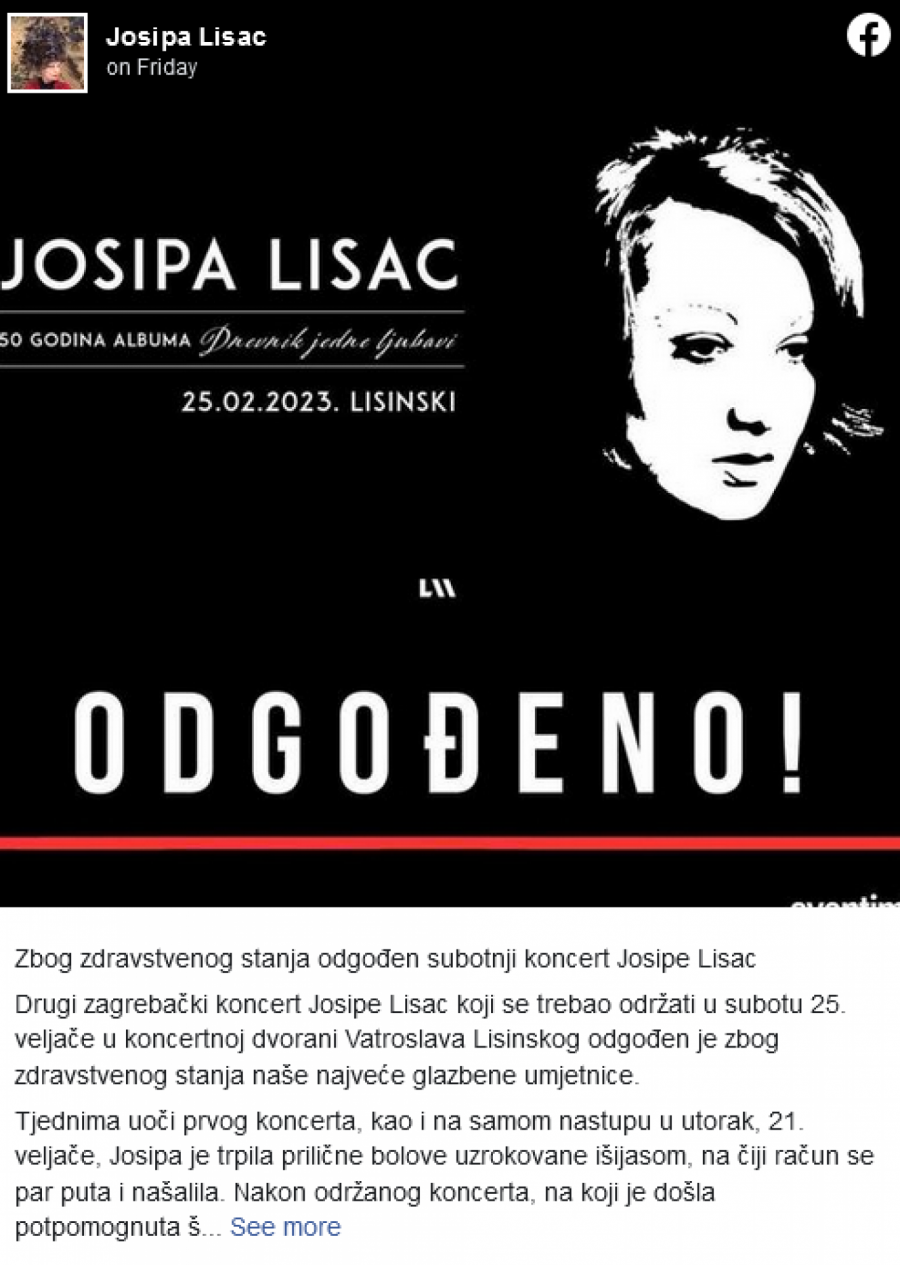 ZDRAVSTVENO STANJE JOJ SE POGORŠALO Josipa Lisac trpi jake bolove, ceo region je zabrinut
