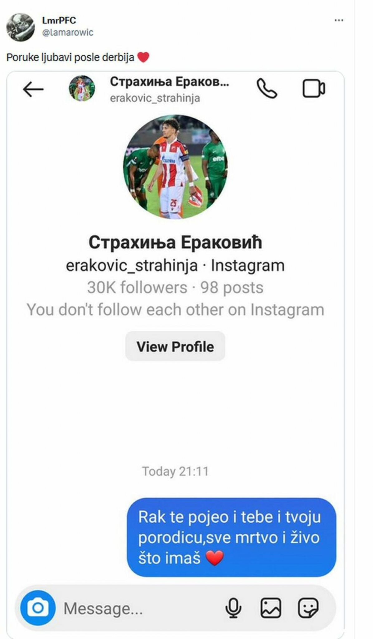 RAK POJEO TEBE I TVOJU PORODICU Navijač Partizana se hvalio užasnim porukama koje je poslao štoperu Zvezde nakon derbija (FOTO)