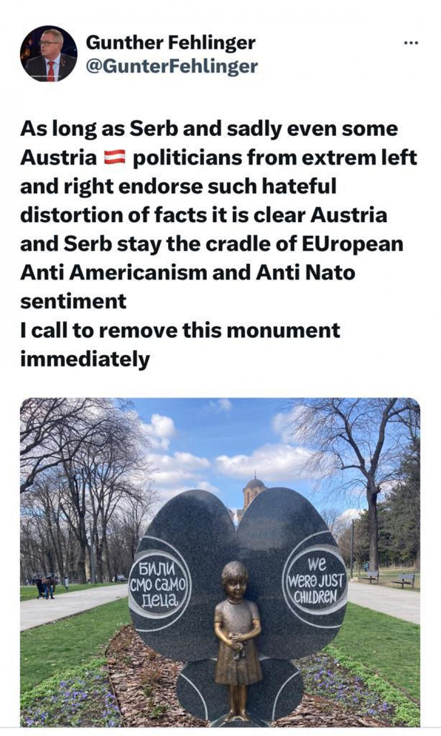 ISPRAVKA: Austrijski ekonomista Gunter Felinger: Srušiti spomenike ubijenoj srpskoj deci! (FOTO)
