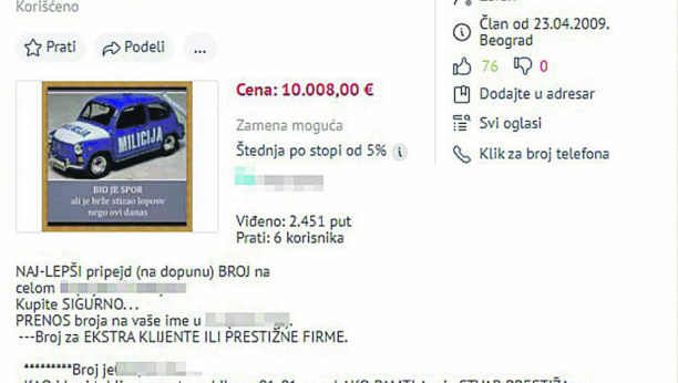Prodaje broj za 10.000 evra!