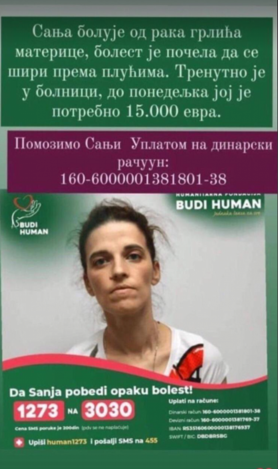 POMOZIMO SANJI DA PREŽIVI Do ponedeljka je potrebno da se skupi 15.000 evra kako bi nastavila sa lečenjem!